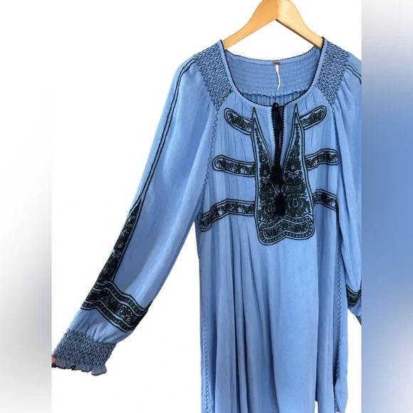 Free People Wind Willow Embroidered V-Neck Mini Dress in Blue - Picture 5 of 10